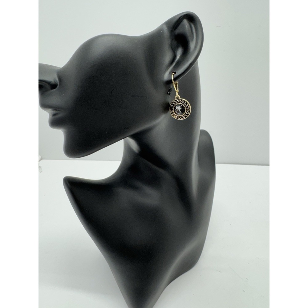 Black Crystal Round Medallion Dangle Earrings Gold Tone Leverback NEW - Picture 3 of 4
